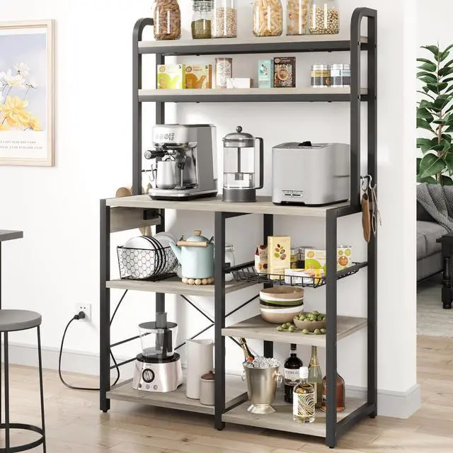 Alt view image 4 of 7 - IDEALHOUSE Bakers Rack with Power Outlet, Coffee Bar with Wire Drawer, Industrial Microwave Stand, Kitchen Buffet Table with Large Storage, 6-Tier Kitchen Storage Rack with Hutch, Rustic Gray
