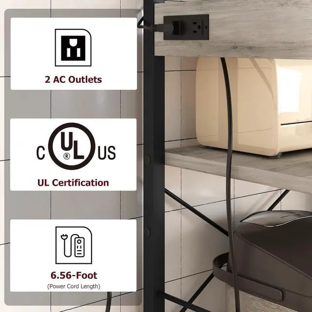 Alt view image 5 of 7 - IDEALHOUSE Bakers Rack with Power Outlet, Coffee Bar with Wire Drawer, Industrial Microwave Stand, Kitchen Buffet Table with Large Storage, 6-Tier Kitchen Storage Rack with Hutch, Rustic Gray