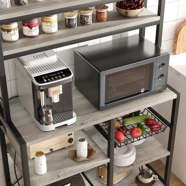 Alt view image 6 of 7 - IDEALHOUSE Bakers Rack with Power Outlet, Coffee Bar with Wire Drawer, Industrial Microwave Stand, Kitchen Buffet Table with Large Storage, 6-Tier Kitchen Storage Rack with Hutch, Rustic Gray