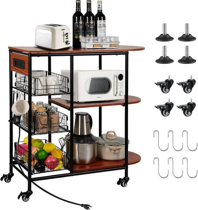 Main image of Kitchen Carts on Wheels with Storage, Bakers Rack with 3 Pull-Out Baskets, Coffee Bar Table with Power Outlet Microwave Stand Serving Cart Rolling Storage Shelf for Fruit Vegetable Snack Rack