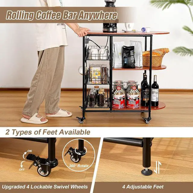 Alt view image 4 of 7 - Kitchen Carts on Wheels with Storage, Bakers Rack with 3 Pull-Out Baskets, Coffee Bar Table with Power Outlet Microwave Stand Serving Cart Rolling Storage Shelf for Fruit Vegetable Snack Rack