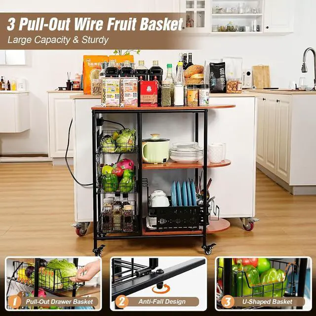 Alt view image 3 of 7 - Kitchen Carts on Wheels with Storage, Bakers Rack with 3 Pull-Out Baskets, Coffee Bar Table with Power Outlet Microwave Stand Serving Cart Rolling Storage Shelf for Fruit Vegetable Snack Rack