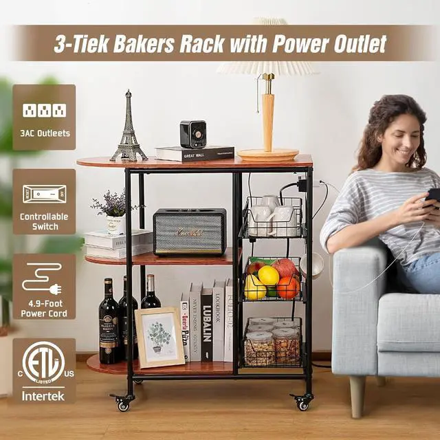 Alt view image 2 of 7 - Kitchen Carts on Wheels with Storage, Bakers Rack with 3 Pull-Out Baskets, Coffee Bar Table with Power Outlet Microwave Stand Serving Cart Rolling Storage Shelf for Fruit Vegetable Snack Rack