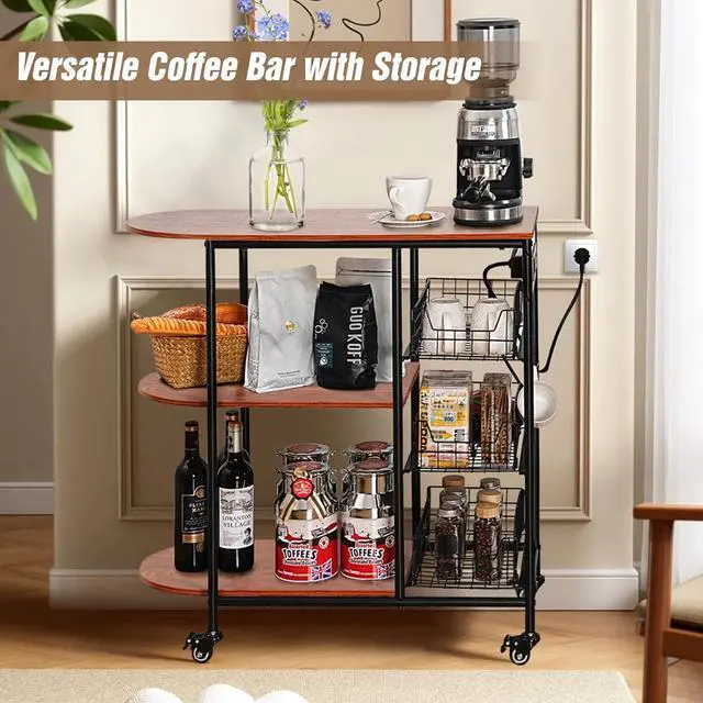 Alt view image 7 of 7 - Kitchen Carts on Wheels with Storage, Bakers Rack with 3 Pull-Out Baskets, Coffee Bar Table with Power Outlet Microwave Stand Serving Cart Rolling Storage Shelf for Fruit Vegetable Snack Rack
