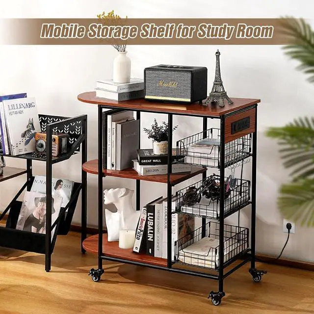 Alt view image 6 of 7 - Kitchen Carts on Wheels with Storage, Bakers Rack with 3 Pull-Out Baskets, Coffee Bar Table with Power Outlet Microwave Stand Serving Cart Rolling Storage Shelf for Fruit Vegetable Snack Rack