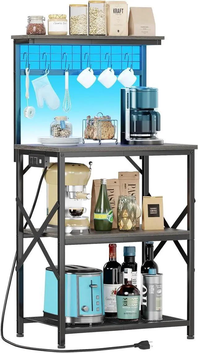 Main image of Furologee Bakers Rack with Power Outlet and LED Light, Small Coffee Bar Station with 4 Tier Shelves, Microwave Stand Table with 6 S Hooks, Kitchen Storage Rack for Spices, Pots, Black Oak