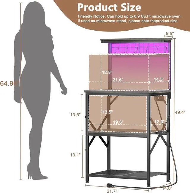 Alt view image 3 of 7 - Furologee Bakers Rack with Power Outlet and LED Light, Small Coffee Bar Station with 4 Tier Shelves, Microwave Stand Table with 6 S Hooks, Kitchen Storage Rack for Spices, Pots, Black Oak