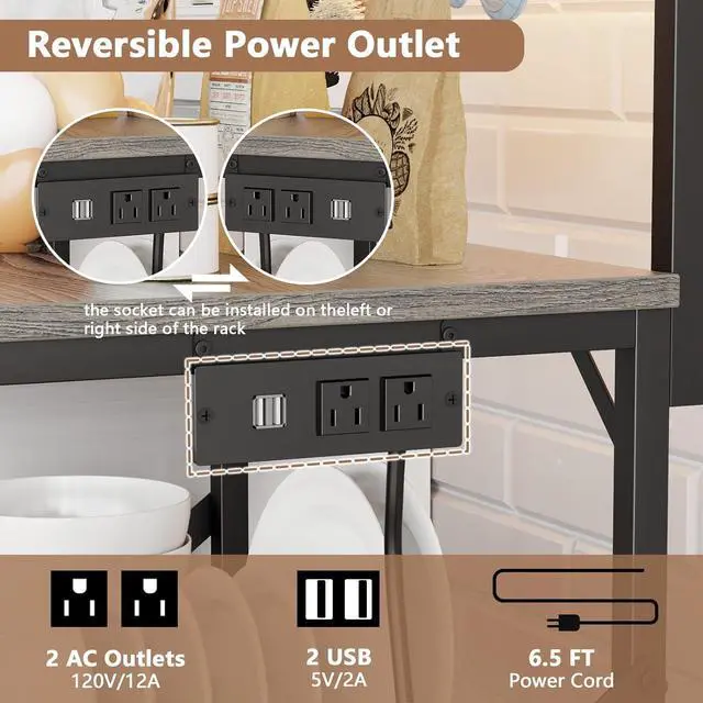 Alt view image 4 of 7 - Furologee Bakers Rack with Power Outlet and LED Light, Small Coffee Bar Station with 4 Tier Shelves, Microwave Stand Table with 6 S Hooks, Kitchen Storage Rack for Spices, Pots, Black Oak
