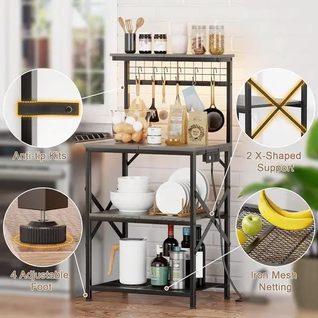Alt view image 5 of 7 - Furologee Bakers Rack with Power Outlet and LED Light, Small Coffee Bar Station with 4 Tier Shelves, Microwave Stand Table with 6 S Hooks, Kitchen Storage Rack for Spices, Pots, Black Oak