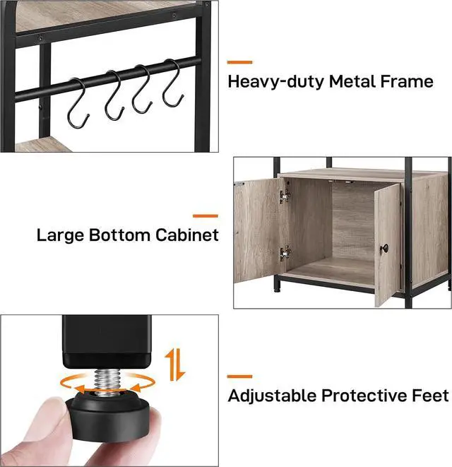 Alt view image 5 of 7 - Topeakmart Kitchen Baker's Rack with Storage Shelves, 4-Tier Microwave Stand with 8 Hooks and Cabinet, 59'' Height Kitchen Shelves for Spices, Pots and Pans, Utility Coffee Station