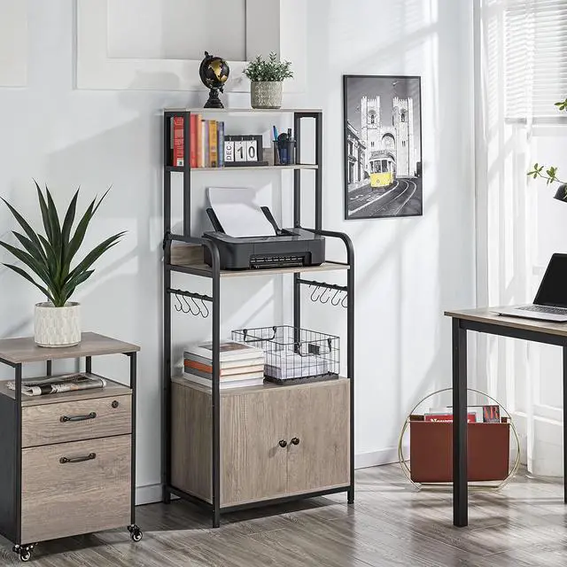 Alt view image 4 of 7 - Topeakmart Kitchen Baker's Rack with Storage Shelves, 4-Tier Microwave Stand with 8 Hooks and Cabinet, 59'' Height Kitchen Shelves for Spices, Pots and Pans, Utility Coffee Station