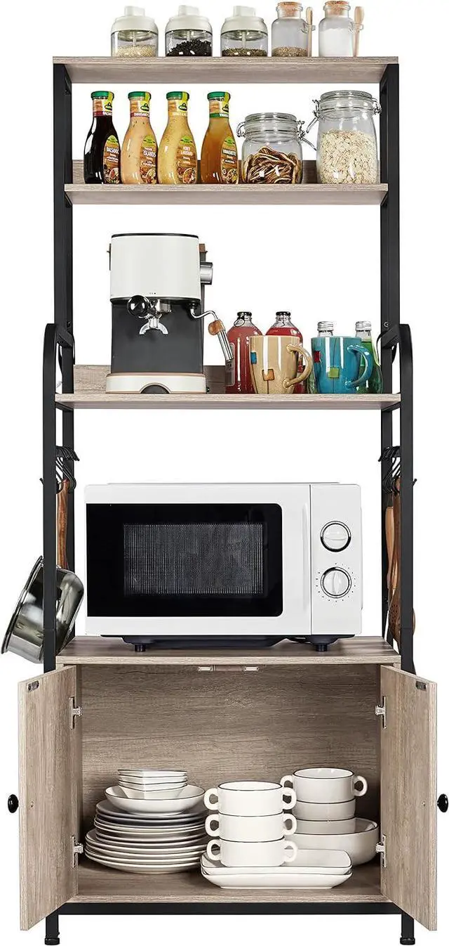 Alt view image 6 of 7 - Topeakmart Kitchen Baker's Rack with Storage Shelves, 4-Tier Microwave Stand with 8 Hooks and Cabinet, 59'' Height Kitchen Shelves for Spices, Pots and Pans, Utility Coffee Station