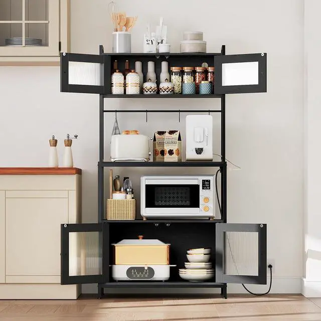 Alt view image 4 of 7 - HOOBRO Bakers Rack with Storage Cabinet, 5-Tier Coffee Bar with Power Outlet and LED Lights, Industrial Microwave Oven Stand with Shelves, Kitchen Storage Shelf with Cabinet, Black BB13UDHB01
