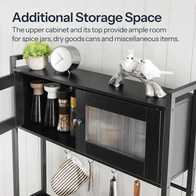 Alt view image 6 of 7 - HOOBRO Bakers Rack with Storage Cabinet, 5-Tier Coffee Bar with Power Outlet and LED Lights, Industrial Microwave Oven Stand with Shelves, Kitchen Storage Shelf with Cabinet, Black BB13UDHB01