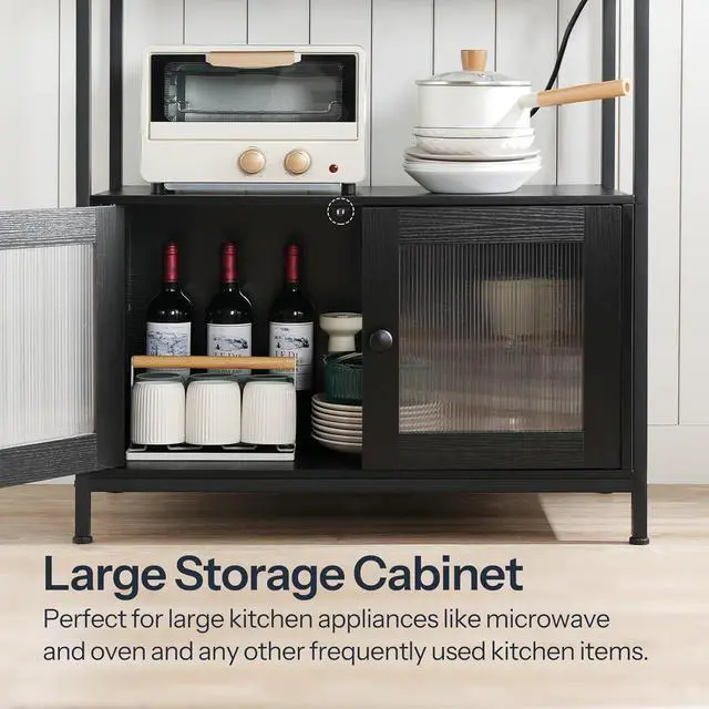 Alt view image 7 of 7 - HOOBRO Bakers Rack with Storage Cabinet, 5-Tier Coffee Bar with Power Outlet and LED Lights, Industrial Microwave Oven Stand with Shelves, Kitchen Storage Shelf with Cabinet, Black BB13UDHB01