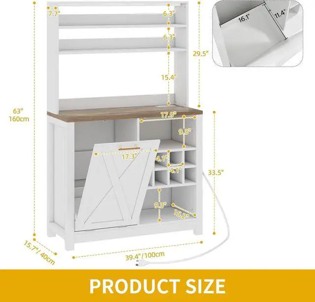Alt view image 2 of 7 - DWVO Bakers Rack Microwave Stand Cabinet with Trash Can Bin Cabinet and Wine Storage Rack, 6-Tiers Farmhouse Kitchen Tall Thickened Coffee Bar Station with Adjustable Shelf, White