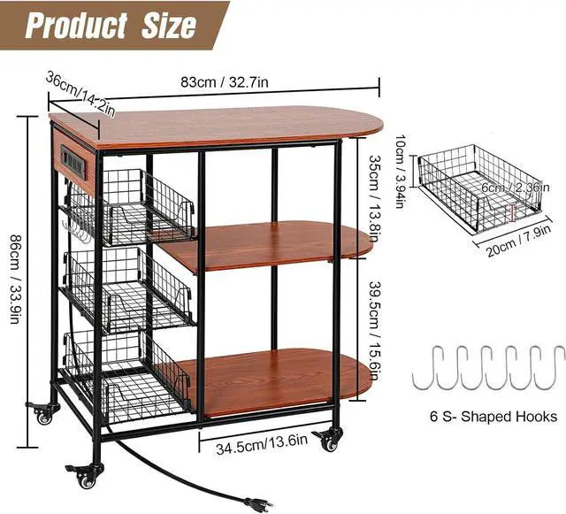 Alt view image 5 of 7 - Kitchen Carts on Wheels with Storage, Bakers Rack with 3 Pull-Out Baskets, Coffee Bar Table with Power Outlet Microwave Stand Serving Cart Rolling Storage Shelf for Fruit Vegetable Snack Rack