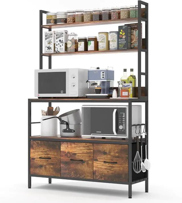 Alt view image 2 of 6 - Bakers Rack with Draw Basket, 5-Tier Free Standing Kitchen Storage Shelf Rack, Industrial Microwave Oven Stand, Metal Rack Organizer with Hooks