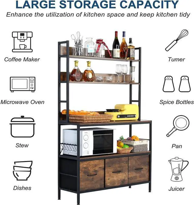 Alt view image 3 of 6 - Bakers Rack with Draw Basket, 5-Tier Free Standing Kitchen Storage Shelf Rack, Industrial Microwave Oven Stand, Metal Rack Organizer with Hooks