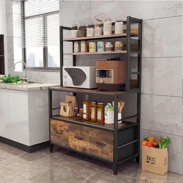 Main image of Bakers Rack with Draw Basket, 5-Tier Free Standing Kitchen Storage Shelf Rack, Industrial Microwave Oven Stand, Metal Rack Organizer with Hooks