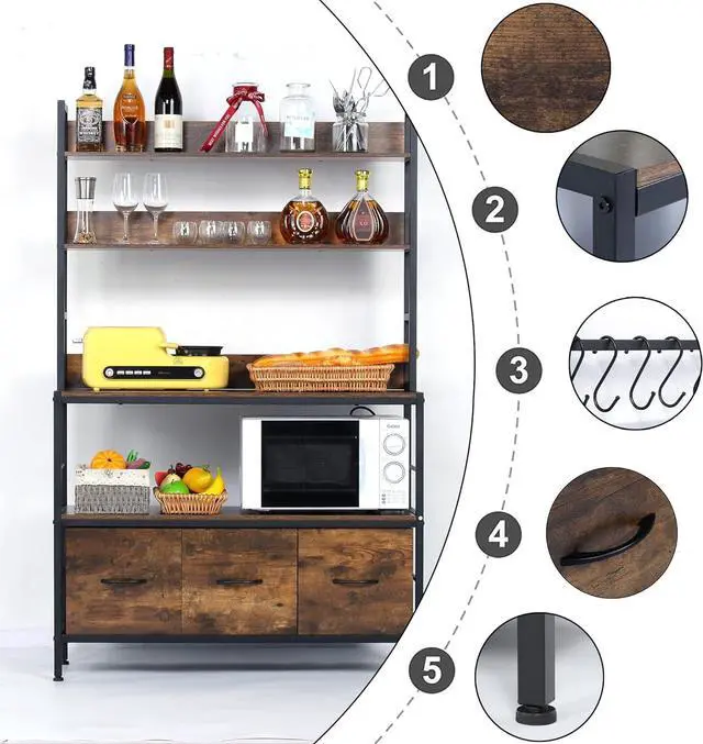 Alt view image 4 of 6 - Bakers Rack with Draw Basket, 5-Tier Free Standing Kitchen Storage Shelf Rack, Industrial Microwave Oven Stand, Metal Rack Organizer with Hooks