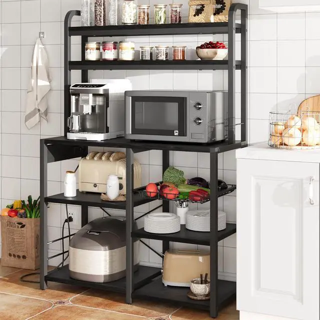 Main image of Bakers Rack with Power Outlet, Coffee Bar with Wire Drawer, Microwave Stand, Kitchen Baker Table with Large Storage, 6-Tier Kitchen Storage Rack with Hutch for Dining Living Room, Rustic Black