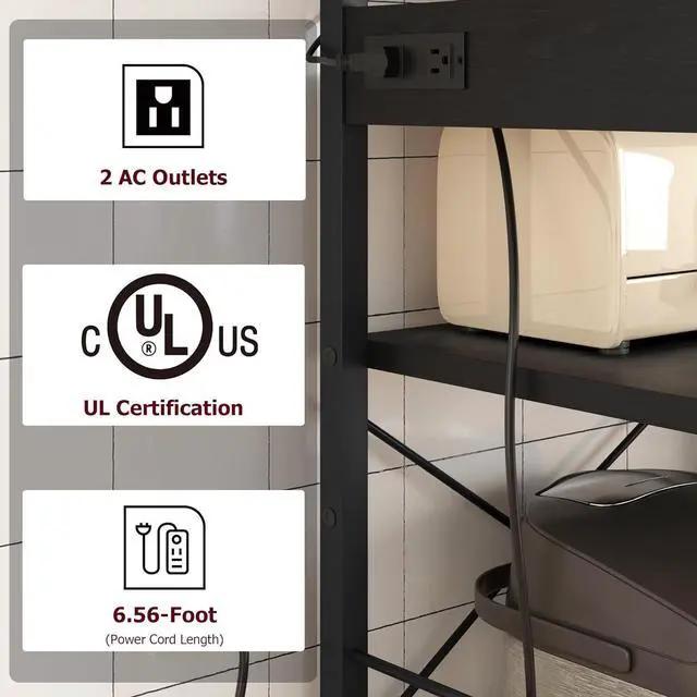 Alt view image 5 of 7 - Bakers Rack with Power Outlet, Coffee Bar with Wire Drawer, Microwave Stand, Kitchen Baker Table with Large Storage, 6-Tier Kitchen Storage Rack with Hutch for Dining Living Room, Rustic Black