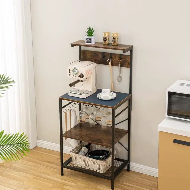 Alt view image 3 of 7 - Kitchen Baker's Rack, Microwave Stand with Storage Cabinet, Coffee Bar Station, Kitchen Shelf Organizer with 4-Tier Shelves, Wine Cup Holders, Kitchen Rack Rustic Brown