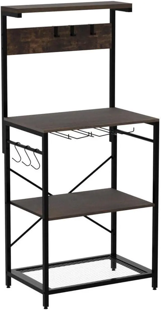Alt view image 5 of 7 - Kitchen Baker's Rack, Microwave Stand with Storage Cabinet, Coffee Bar Station, Kitchen Shelf Organizer with 4-Tier Shelves, Wine Cup Holders, Kitchen Rack Rustic Brown