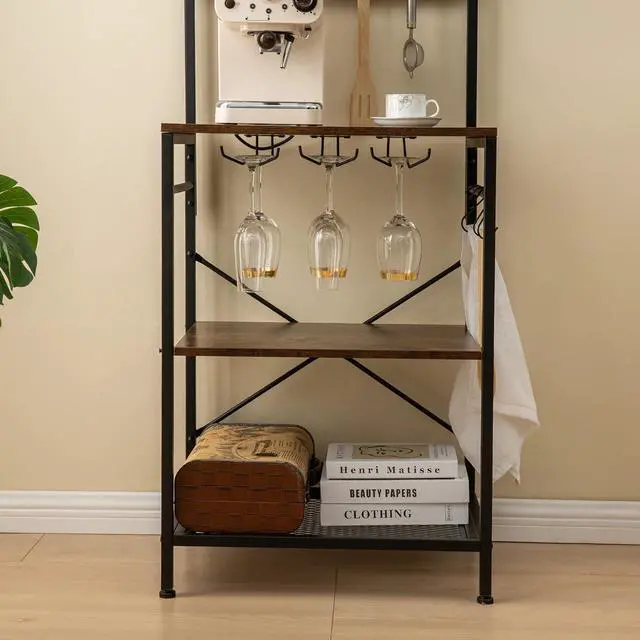 Alt view image 7 of 7 - Kitchen Baker's Rack, Microwave Stand with Storage Cabinet, Coffee Bar Station, Kitchen Shelf Organizer with 4-Tier Shelves, Wine Cup Holders, Kitchen Rack Rustic Brown