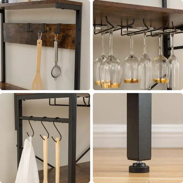 Alt view image 6 of 7 - Kitchen Baker's Rack, Microwave Stand with Storage Cabinet, Coffee Bar Station, Kitchen Shelf Organizer with 4-Tier Shelves, Wine Cup Holders, Kitchen Rack Rustic Brown