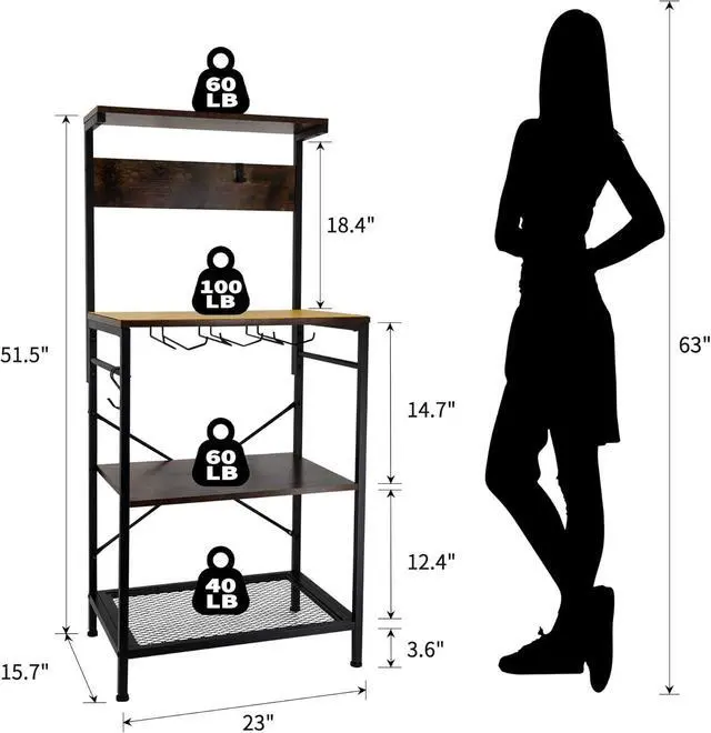 Alt view image 2 of 7 - Kitchen Baker's Rack, Microwave Stand with Storage Cabinet, Coffee Bar Station, Kitchen Shelf Organizer with 4-Tier Shelves, Wine Cup Holders, Kitchen Rack Rustic Brown