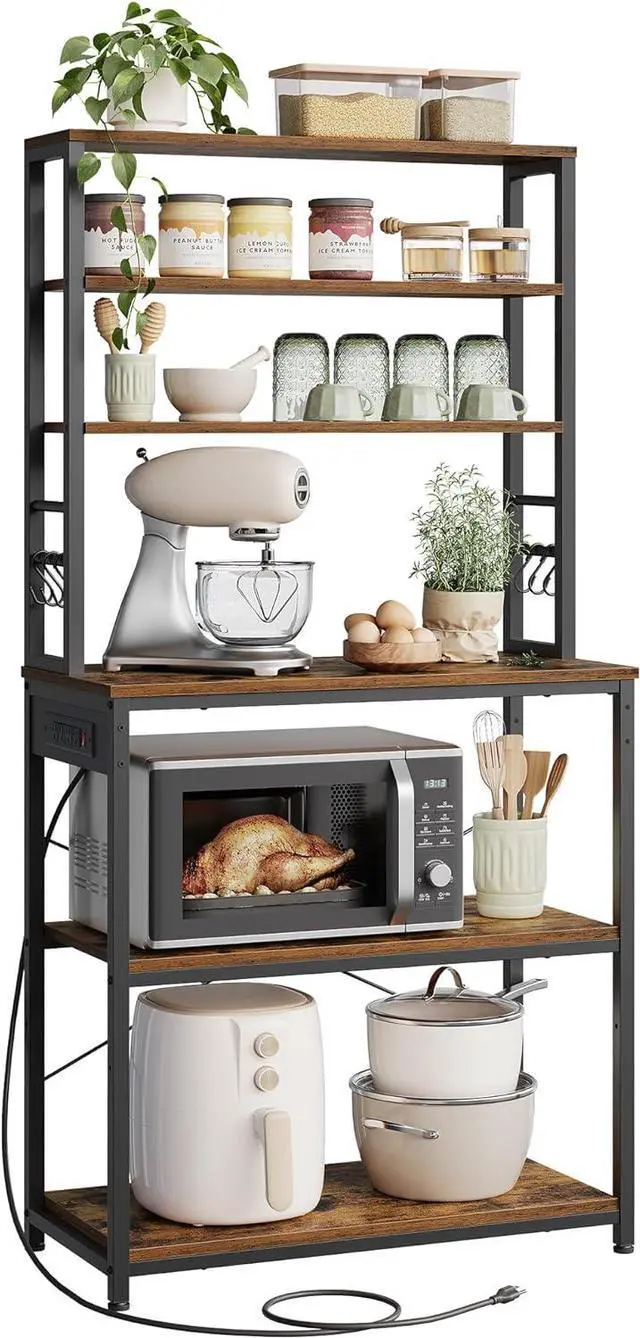 Main image of VASAGLE Bakers Rack with Power Outlet, 31.5 Inches Coffee Bar for Kitchen with Storage, 6-Tier Kitchen Shelves with 6 Hooks, Microwave Stand, Rustic Brown and Black UKKS119K01