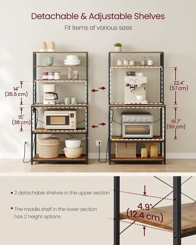 Alt view image 3 of 7 - VASAGLE Bakers Rack with Power Outlet, 31.5 Inches Coffee Bar for Kitchen with Storage, 6-Tier Kitchen Shelves with 6 Hooks, Microwave Stand, Rustic Brown and Black UKKS119K01