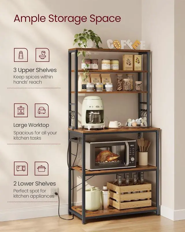Alt view image 4 of 7 - VASAGLE Bakers Rack with Power Outlet, 31.5 Inches Coffee Bar for Kitchen with Storage, 6-Tier Kitchen Shelves with 6 Hooks, Microwave Stand, Rustic Brown and Black UKKS119K01