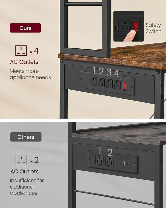 Alt view image 5 of 7 - VASAGLE Bakers Rack with Power Outlet, 31.5 Inches Coffee Bar for Kitchen with Storage, 6-Tier Kitchen Shelves with 6 Hooks, Microwave Stand, Rustic Brown and Black UKKS119K01