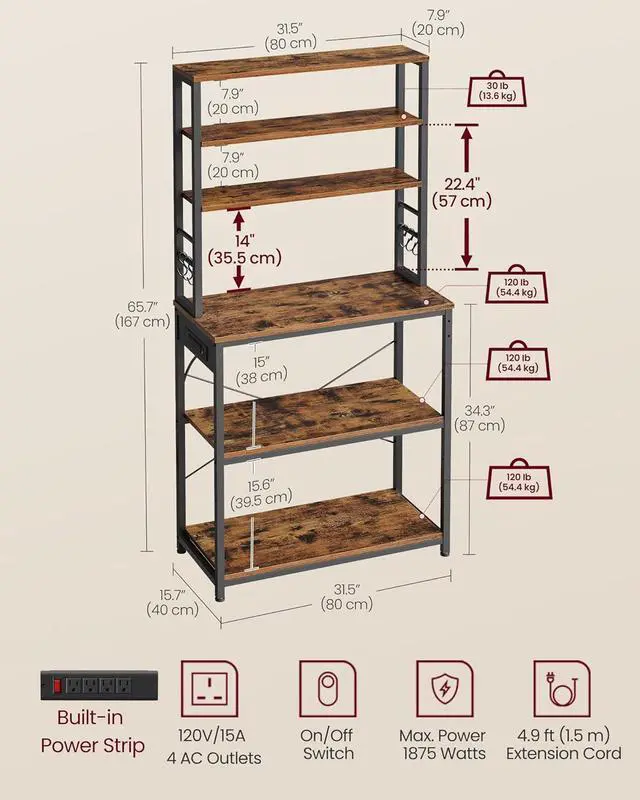 Alt view image 6 of 7 - VASAGLE Bakers Rack with Power Outlet, 31.5 Inches Coffee Bar for Kitchen with Storage, 6-Tier Kitchen Shelves with 6 Hooks, Microwave Stand, Rustic Brown and Black UKKS119K01