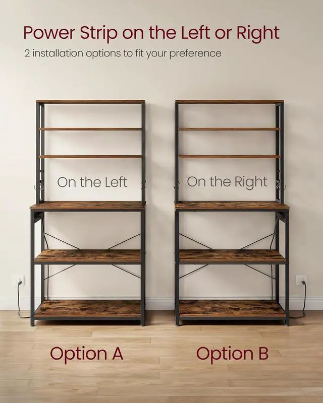 Alt view image 7 of 7 - VASAGLE Bakers Rack with Power Outlet, 31.5 Inches Coffee Bar for Kitchen with Storage, 6-Tier Kitchen Shelves with 6 Hooks, Microwave Stand, Rustic Brown and Black UKKS119K01