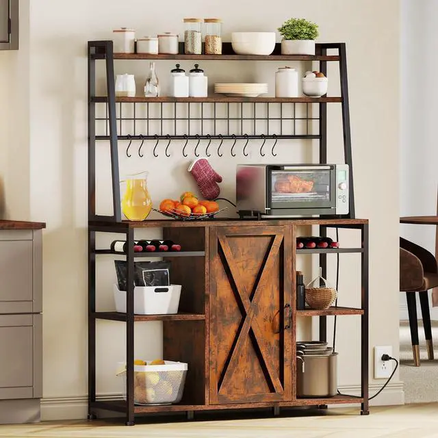 Main image of DWVO Bakers Rack Microwave Stand Cabinet with Large Storage Drawer and Power Outlet, 47 Inches Farmhouse Kitchen Tall Thickened Coffee Bar Table with Wine Shelf Rustic Brown