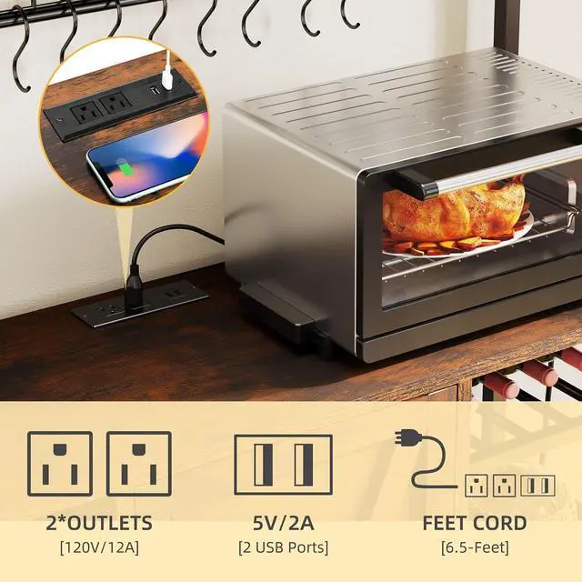 Alt view image 3 of 7 - DWVO Bakers Rack Microwave Stand Cabinet with Large Storage Drawer and Power Outlet, 47 Inches Farmhouse Kitchen Tall Thickened Coffee Bar Table with Wine Shelf Rustic Brown