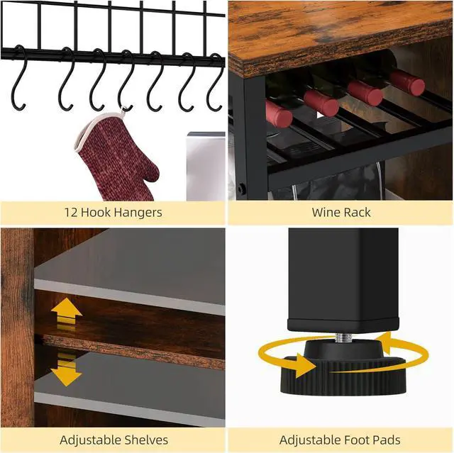 Alt view image 5 of 7 - DWVO Bakers Rack Microwave Stand Cabinet with Large Storage Drawer and Power Outlet, 47 Inches Farmhouse Kitchen Tall Thickened Coffee Bar Table with Wine Shelf Rustic Brown