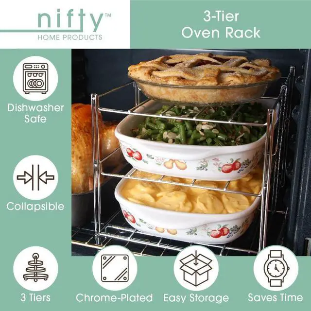 Alt view image 4 of 7 - Nifty 3-Tier Oven Rack  Non-Stick, Dishwasher Safe, Use for Cooking Casseroles, Compact Collapsible Kitchen Storage, Chrome-Plated Steel Construction
