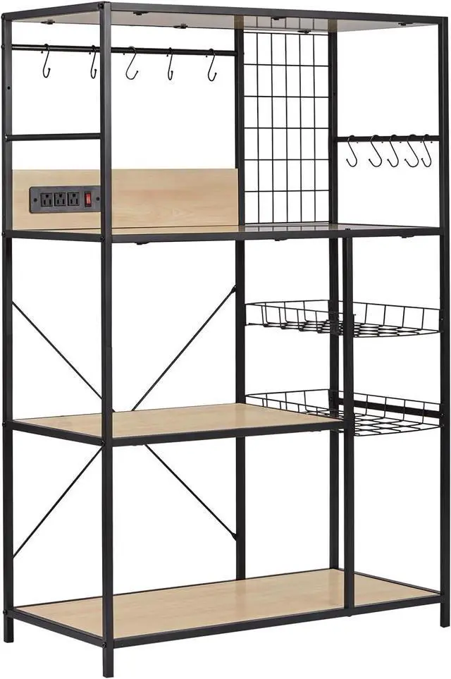 Main image of Bakers Rack with Power Outlet, Microwave Stand with Storage, Coffee Bar Organizer Cabinet with Wire Basket, Kitchen Shelf for Spices, 10 Hooks, Industrial, White Maple