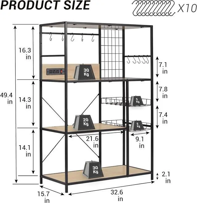 Alt view image 3 of 6 - Bakers Rack with Power Outlet, Microwave Stand with Storage, Coffee Bar Organizer Cabinet with Wire Basket, Kitchen Shelf for Spices, 10 Hooks, Industrial, White Maple
