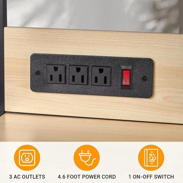 Alt view image 4 of 6 - Bakers Rack with Power Outlet, Microwave Stand with Storage, Coffee Bar Organizer Cabinet with Wire Basket, Kitchen Shelf for Spices, 10 Hooks, Industrial, White Maple