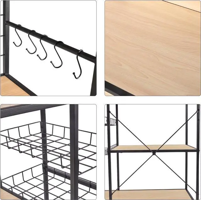 Alt view image 6 of 6 - Bakers Rack with Power Outlet, Microwave Stand with Storage, Coffee Bar Organizer Cabinet with Wire Basket, Kitchen Shelf for Spices, 10 Hooks, Industrial, White Maple
