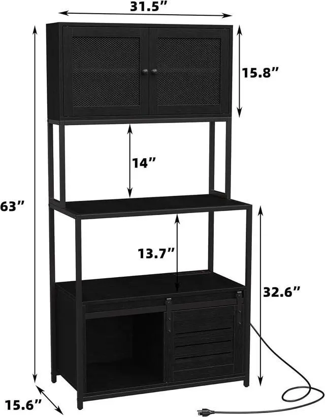 Alt view image 2 of 7 - Furniouse 6-Tier Kitchen Bakers Rack with Power Outlet, Industrial Microwave Oven Stand with Shelves, Kitchen Utility Storage Shelf with Cabinet, Standing Storage Rack (Black)