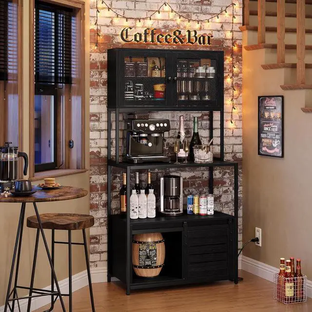 Alt view image 3 of 7 - Furniouse 6-Tier Kitchen Bakers Rack with Power Outlet, Industrial Microwave Oven Stand with Shelves, Kitchen Utility Storage Shelf with Cabinet, Standing Storage Rack (Black)