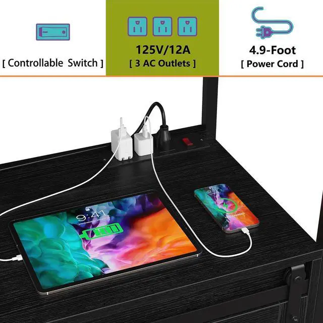 Alt view image 4 of 7 - Furniouse 6-Tier Kitchen Bakers Rack with Power Outlet, Industrial Microwave Oven Stand with Shelves, Kitchen Utility Storage Shelf with Cabinet, Standing Storage Rack (Black)