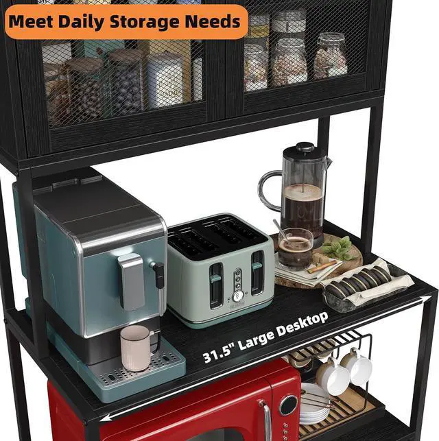 Alt view image 6 of 7 - Furniouse 6-Tier Kitchen Bakers Rack with Power Outlet, Industrial Microwave Oven Stand with Shelves, Kitchen Utility Storage Shelf with Cabinet, Standing Storage Rack (Black)